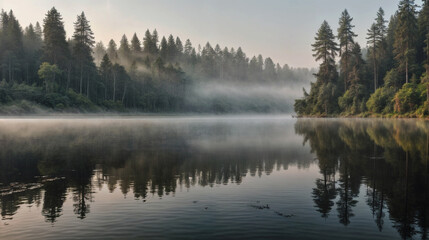Fototapeta na wymiar A foggy lake surrounded by trees, with a misty atmosphere and calm water. ai generative