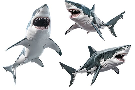 three great white sharks on white isolated background with open mouths