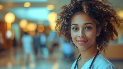 Young healthcare professional, with a welcoming smile in a hospital corridor, conveying trust and care. - obrazy, fototapety, plakaty
