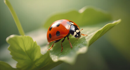 A close-up of a ladybug crawling on a leaf, symbolizing the return of beneficial insects in spring gardens. ai generative