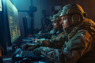 two female soldiers at a computer station - obrazy, fototapety, plakaty