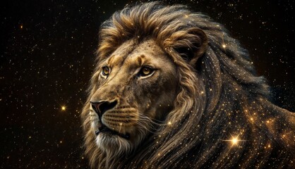 Naklejka premium Lion on a background of the night sky with stars and space