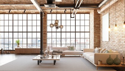 A modern loft living room with a couch, a coffee table