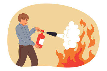 Man uses fire extinguisher, heroically approaching flame and trying to put out source of danger with foam. Guy office worker fights with burning at workspace, holding red fire extinguisher in hands