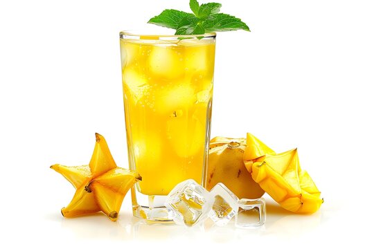 Star fruit juice, leaf min, and ice isolated on a white background.