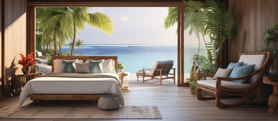 A bedroom interior featuring a bed, nightstand, armchair, desk, and hardwood floor, with a panoramic window showcasing a view of the ocean.