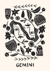 Zodiac signs Gemini  in Scandinavian style. Hand drawn vector illustration.