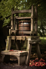 Fototapeta na wymiar Traditional Wooden Cider Press Among Autumnal Apples in Rustic Outdoor Setting