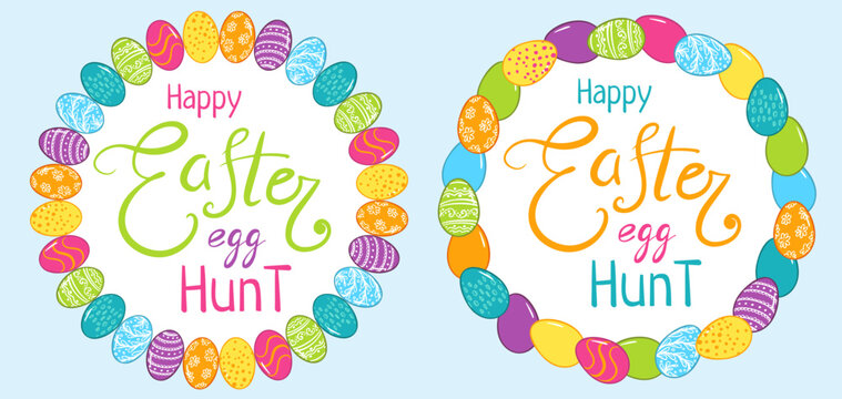 Happy Easter egg hunt round frame.  Painted in different colors eggs  for poster, cover, postcard, banner, Restaurant, cafe menu, holiday decoration, greeting card, easter holiday egg hunt, packages