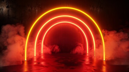 This modern realistic illustration shows red, orange, and yellow neon arc lines glowing on a dark stage with smoke, a music show, fashion catwalk, and a nightclub design.