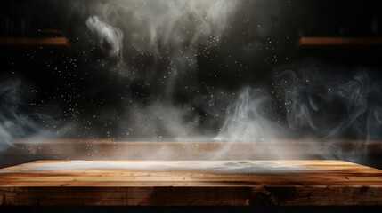 An empty shelf mockup with haze over a wooden board with dust effect. Modern realistic illustration of flour floating in air above a brown wood table. - obrazy, fototapety, plakaty