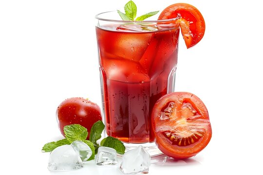 Tomato fruit juice, leaf min, and ice isolated on a white background.
