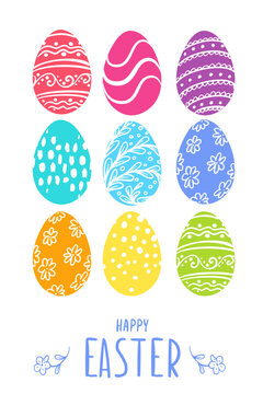 Easter day painted eggs poster template. Easter holiday rainbow colors eggs for greeting card, poster,  holiday decorating, sticker, easter holiday egg hunt, web banner design.