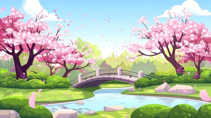 Spring park in an Asian public garden with Sakura trees, bushes, petals flying in the air, clouds in the sky. Modern cartoon illustration of a river in an Asian public garden with pink cherry