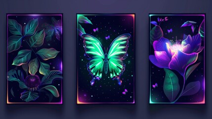 The retro fascist flyers set features a set of realistic modern illustrations of retrowave posters that feature elegant boho decorations, a glowing green butterfly, y2k banners, vintage florals, and - obrazy, fototapety, plakaty