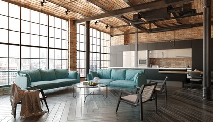 A modern loft living room with a couch, a kitchen