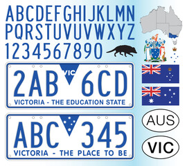 Victoria State australian car license plate pattern, letters, numbers and symbols, vector illustration, Australia - obrazy, fototapety, plakaty