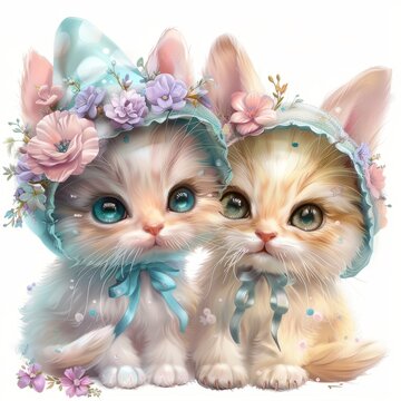 Twin Kittens in Spring Bonnets, airbrush easter illustration