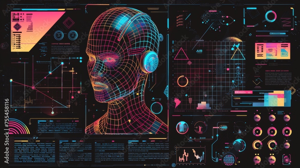 Poster this poster design layout features bitmap images and grid elements on a black background. it is a mo