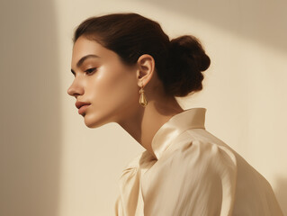 A photo of a minimal modern fashion shoot with young Spanish women, featuring an oversized beige...
