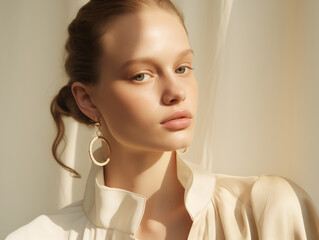 A photo of a minimal modern fashion shoot with young Caucasian women, featuring an oversized beige shirt and large gold earrings, in muted earthy colors, with creative editorial photography.
