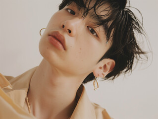  A photo of a minimal modern fashion shoot with young asian men, featuring an oversized beige shirt and large gold earrings, in muted earthy colors, with creative editorial photography.