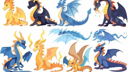Modern cartoon illustration of yellow and blue monster creatures with wings, tails, gangs, claws, sleeping, breathing with smoke, isolated on white background.