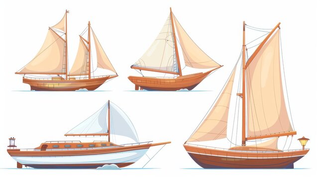 A set of cartoon modern illustrations of different sizes of sailboats for cruise travel, fishing and sailing trips. Marine transport and vessel.