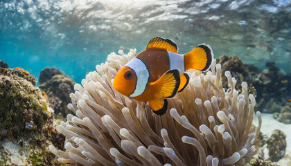 Fototapeta na wymiar Clown fish swimming in clear sea water. Underwater reef. Corals in the ocean. Natural background.