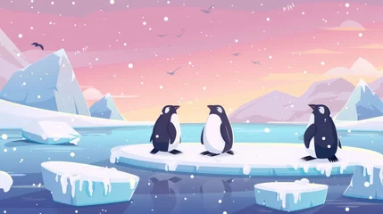 Poster Cartoon illustration of cute antarctic birds sitting on pieces of ice floating on cold water surface, snow falling from a frosty pink and blue sky. © Mark