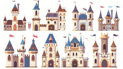 Castles from the medieval era isolated on a white background. Set of ancient fairy tale palaces with flags on towers, windows, gates, old castles, and game kingdoms.