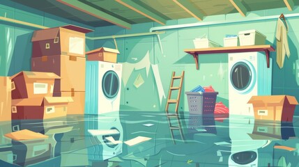 Basement room with flooded laundry equipment, boxes, hamper with clothes. Cartoon modern illustration of the interior of the storehouse with leaking water and a washer and dryer. - obrazy, fototapety, plakaty