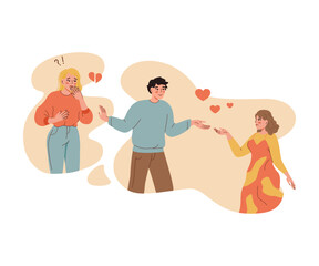 Love triangle of man confused in romantic feelings and choosing between two women. Vavilas guy leaves upset girlfriend after meeting new lover, with whom wants to start family and have children