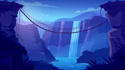 Foto auf Alu-Dibond An adventure footbridge road crosses a wide river in mountains with a dangerous cliff on one side and a high waterfall on the other. The cartoon natural landscape is set against a dark dusk © Mark