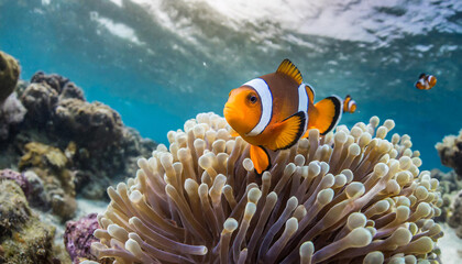 Naklejka na ściany i meble Clown fish swimming in clear sea water. Underwater reef. Corals in the ocean. Natural background.