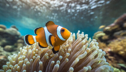 Fototapeta na wymiar Clown fish swimming in clear sea water. Underwater reef. Corals in the ocean. Natural background.