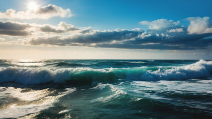 Beautiful landscape of the ocean and beautiful waves in sunny weather.