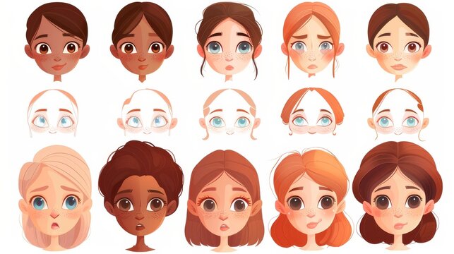 Create kid avatars with different emotions with this little girl face construction kit featuring eye and lips shapes and positions, eyebrows, and hairstyles.