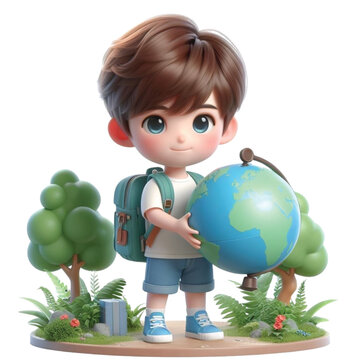 Child holding globe earth day cartoon 3d render illustration