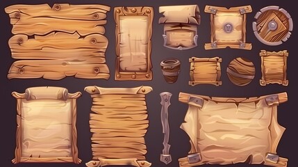 A set of illustrations illustrating a wood and parchment frame, title border, and text box for an adventure mobile gui asset kit. - obrazy, fototapety, plakaty