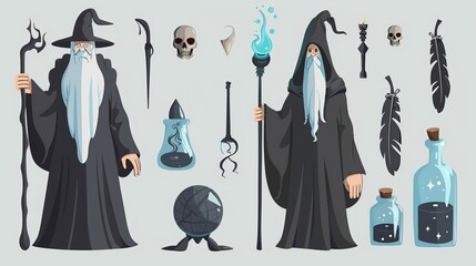 Set of cartoon moderns of a wizard with a long grey beard using a magic staff for wizardry. Also shown are a witch with a dark ball for witchcraft, a potion in a glass bottle with black feathers and