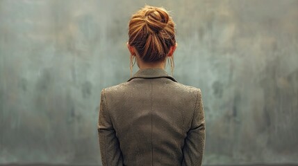 A businesswoman watches a big puzzle on the wall, one piece off, realistic stock photo, back view, Ai Generated.