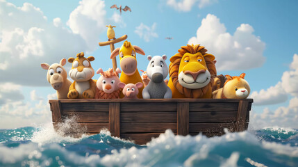 Noah's ark with animals during the floor, colorful cute childish cartoon 3d illustration of the Biblical flood story - obrazy, fototapety, plakaty