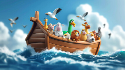Noah's ark with animals during the floor, colorful cute childish cartoon 3d illustration of the Biblical flood story