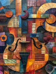 Cubist interpretation of a musical orchestra, shapes merging into melody