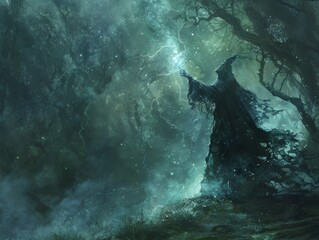 Fantasy scene of a sorcerer conjuring magical elements in a dark forest - obrazy, fototapety, plakaty