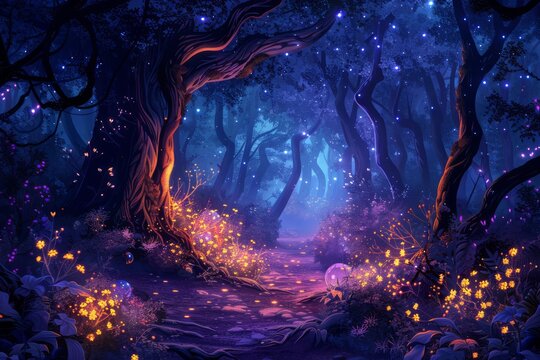 Fantasy illustration of a hidden magical forest with glowing plants
