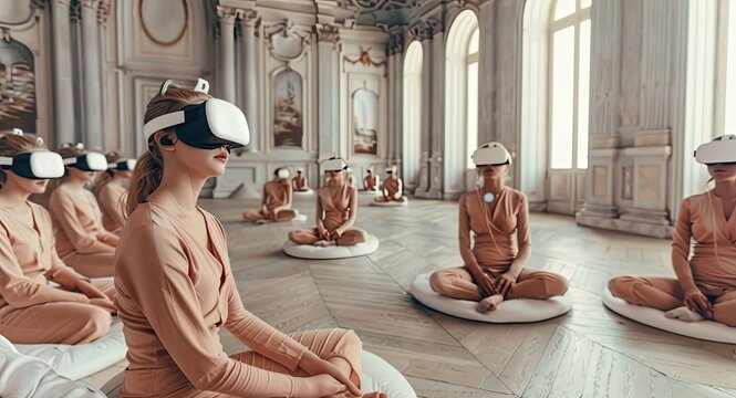 Yoga class with people wearing VR headsets - Powered by Adobe