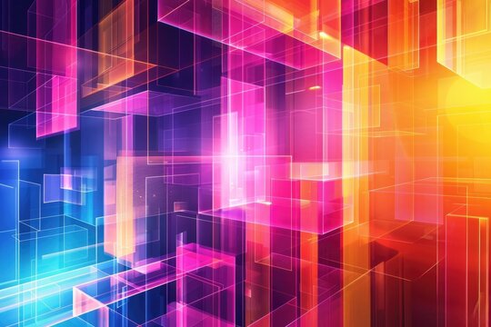 Abstract banner high technology pattern , geometric neon colorful shapes over black background. Digital tech. Modern futuristic, engineering, science, technology wallpaper. Hi tech digital connection