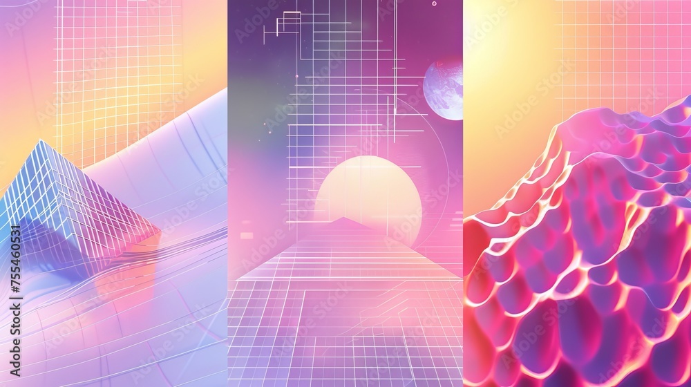 Poster design template with grid perspective pattern and geometric 3d objects in a retro futuristic 2000s s